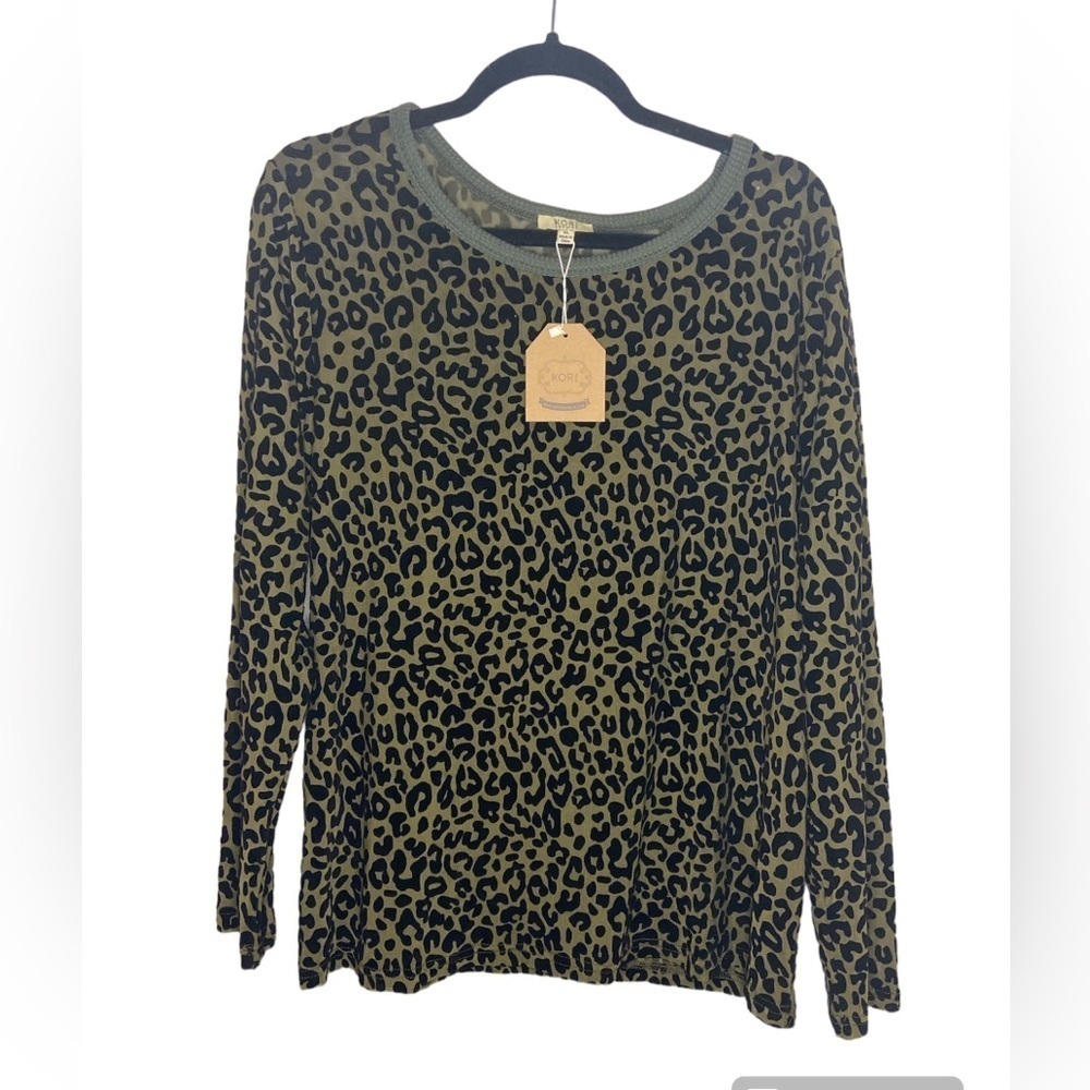 KORI Cheetah Print See Thru Long Sleeve Top Olive Green X-Large Olive Green NWT